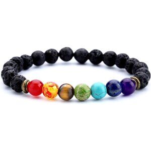 π Men Black Lava Rock Beads Bracelet Elastic Natural Stone Chakra Yoga Bangle